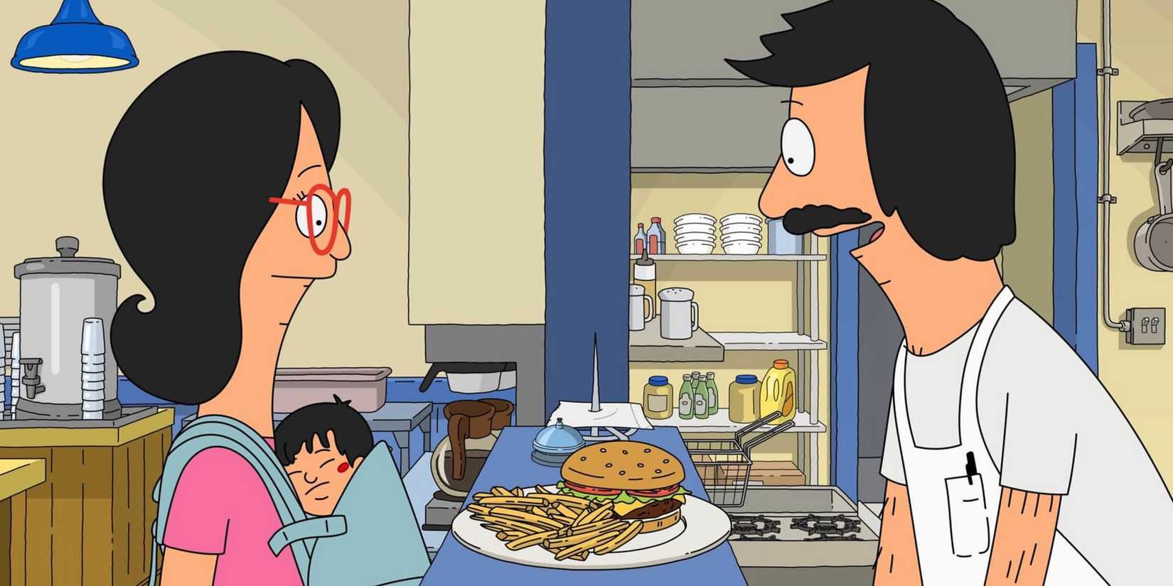 Linda Belcher (carrying baby Tina) and Bob Belcher in a flashback on Bob's Burgers