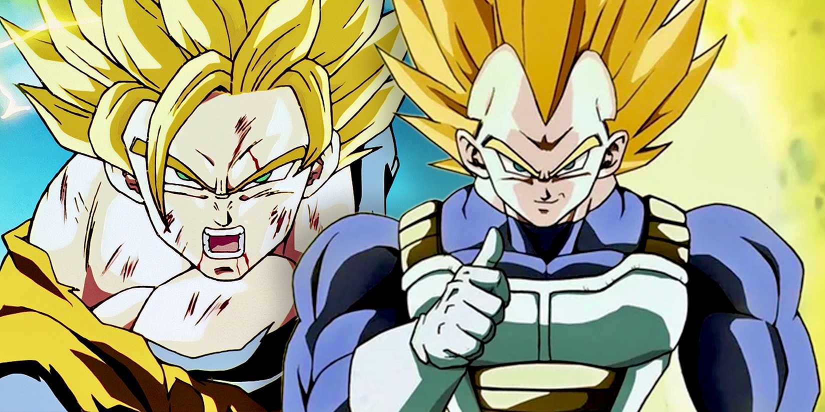 Super Vegeta overcomes an injured Super Saiyan 2 Goku in Dragon Ball Z