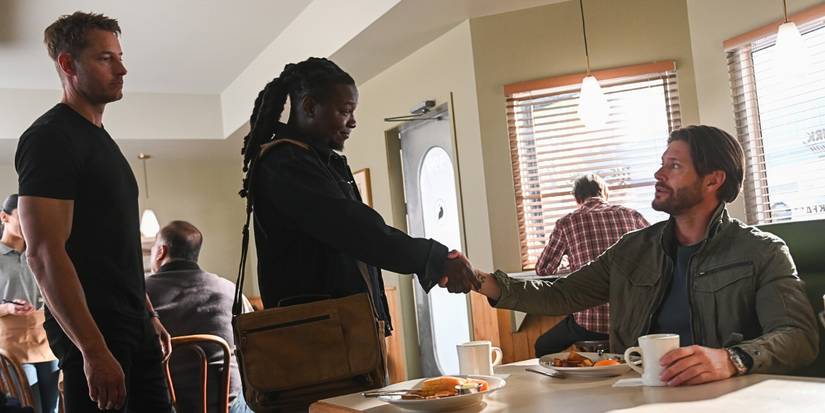 Chris Lee as Randy meeting up with Justin hartley as Colter and Jensen Ackles as Russell at a diner in Tracker 'Leverage'