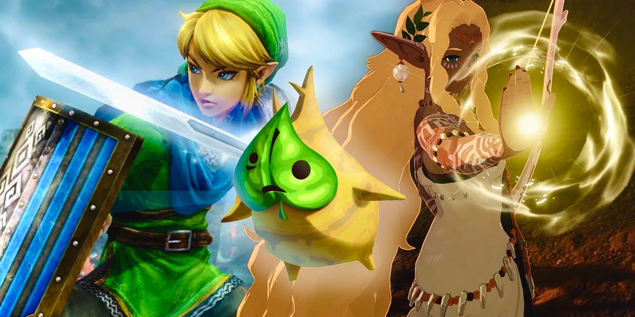 Queen Sonia joins Link and a Korok in battle in Zelda Hyrule Warriors