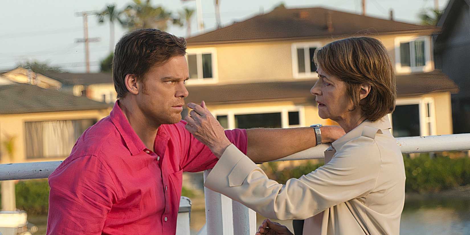 Dexter's arm on Dr. Vogel's shoulder as she reaches to stroke his face.