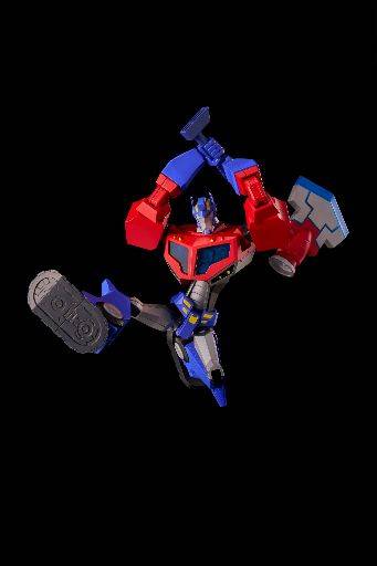 Model Furai Transformers dari Flame Toys: Kit model Optimus Prime yang dianimasikan sedang memegang kapak sambil melompat.