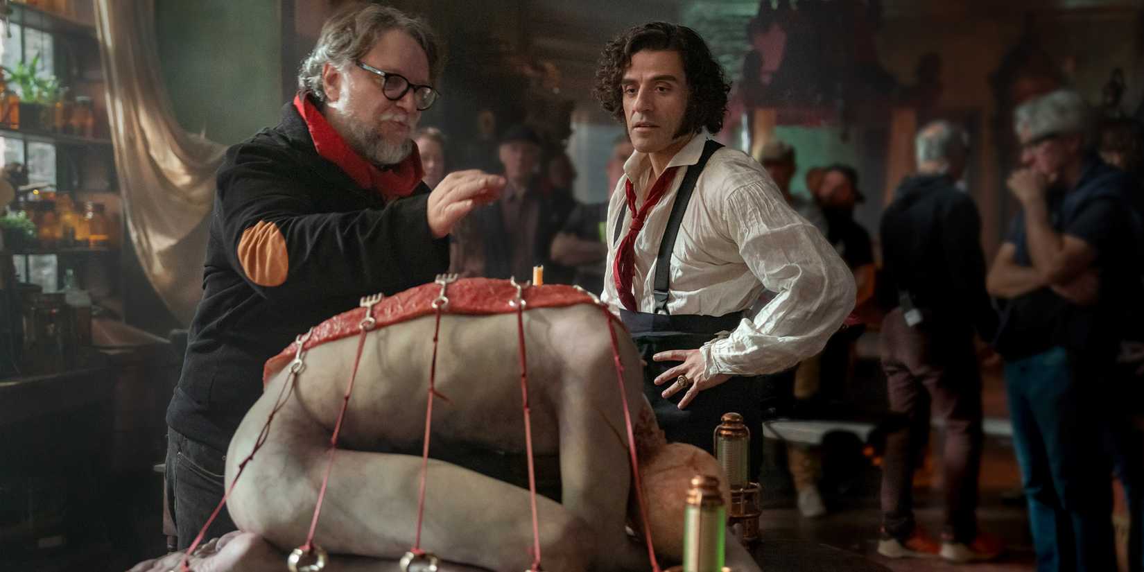 Guillermo del Toro and Oscar Isaac on the set of Frankenstein.