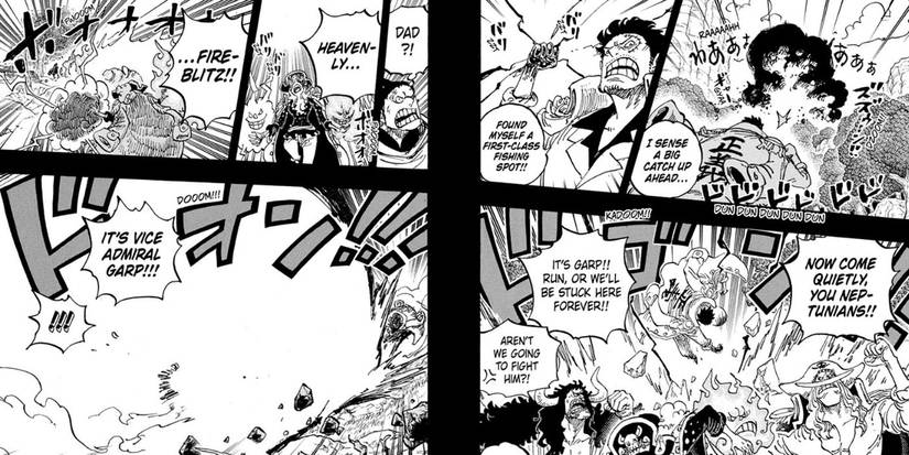 Garp attacks Dragon and the Rocks Pirates at God Valley in One Piece Chapter 1161