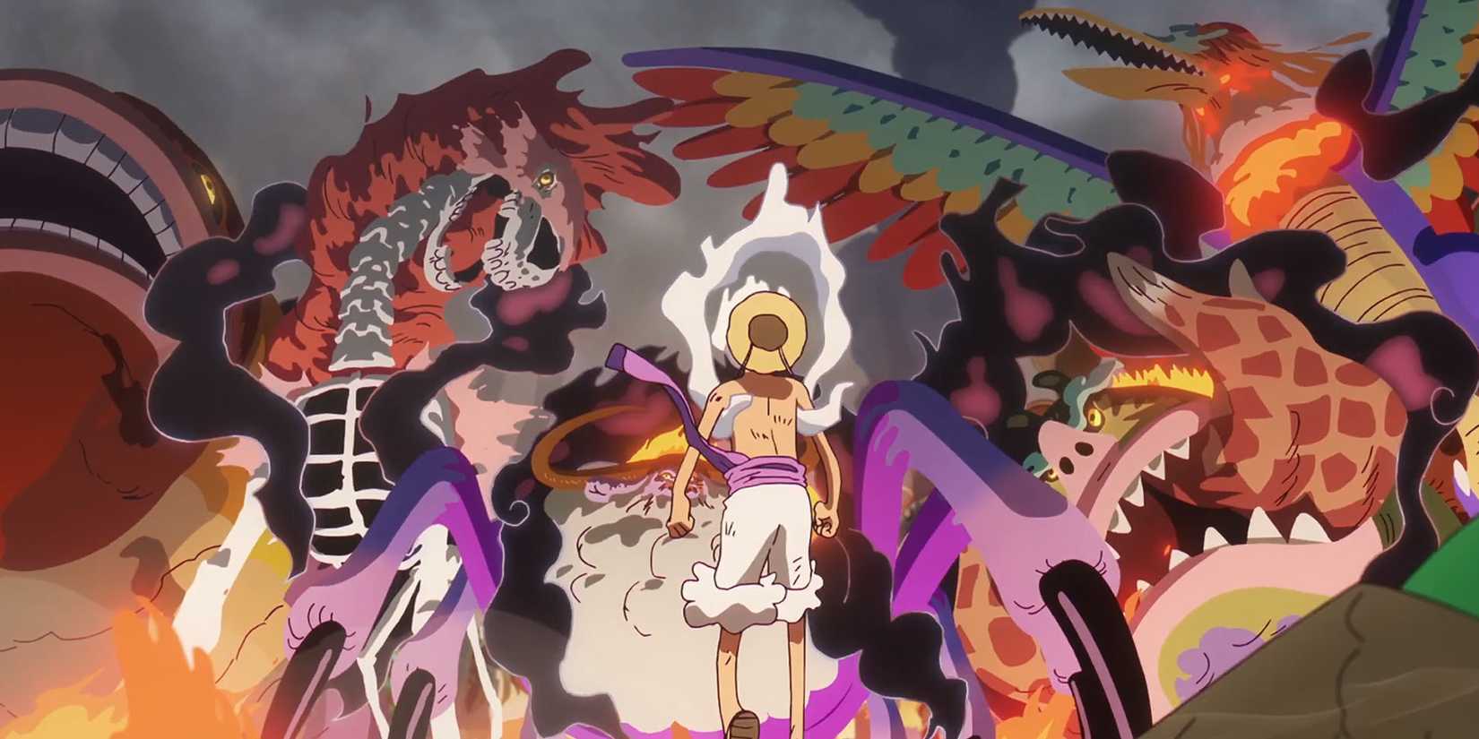 Gear 5 Luffy stands in front of the five elders of Egghead Island in the One Piece 1144 episode
