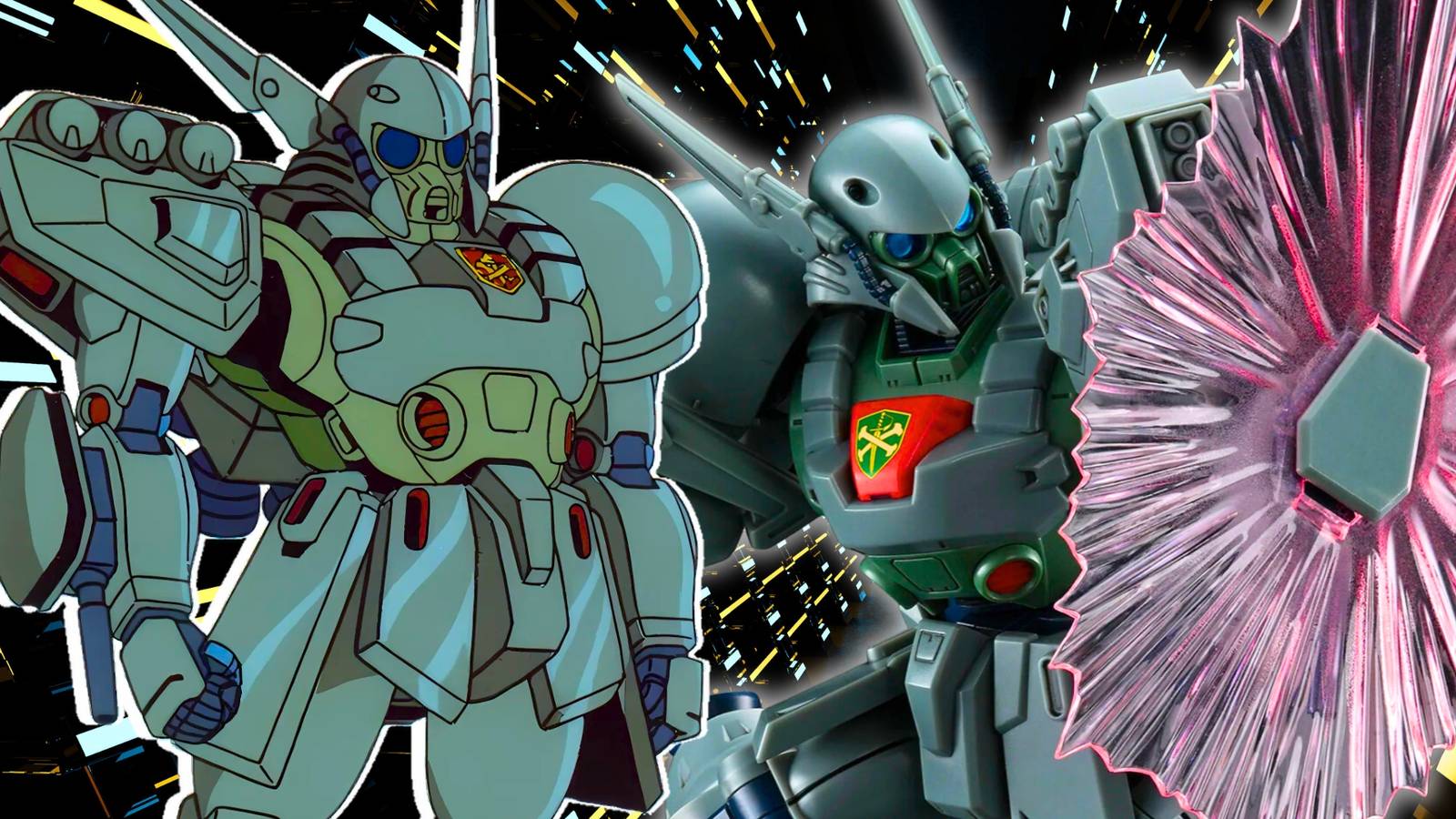 The Re / 100 Den'an Gei Gundam model kit next to an image of the anime Gundam F91 film.