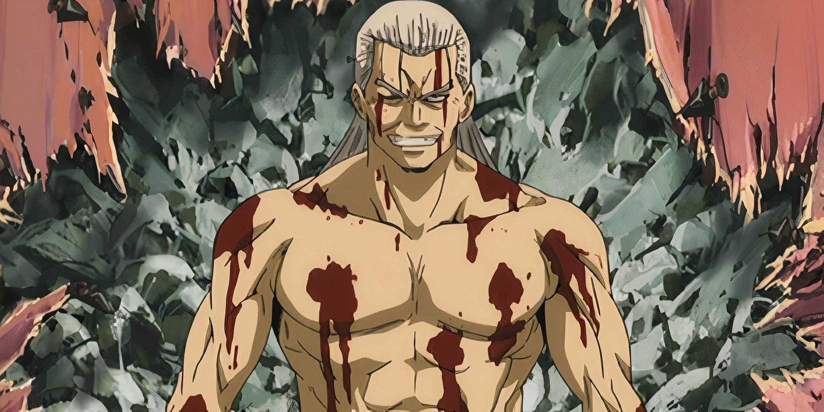 Houn de Gintama stands with a confident smile while bleeding with all his body.