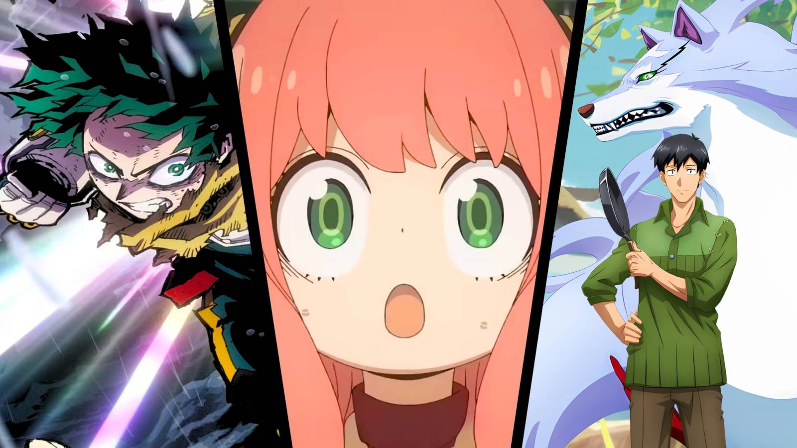 Kolase anime Deku dari My Hero Academia, Anya dari Spy x Family, dan Mukouda dari Campfire Cooking in Another World