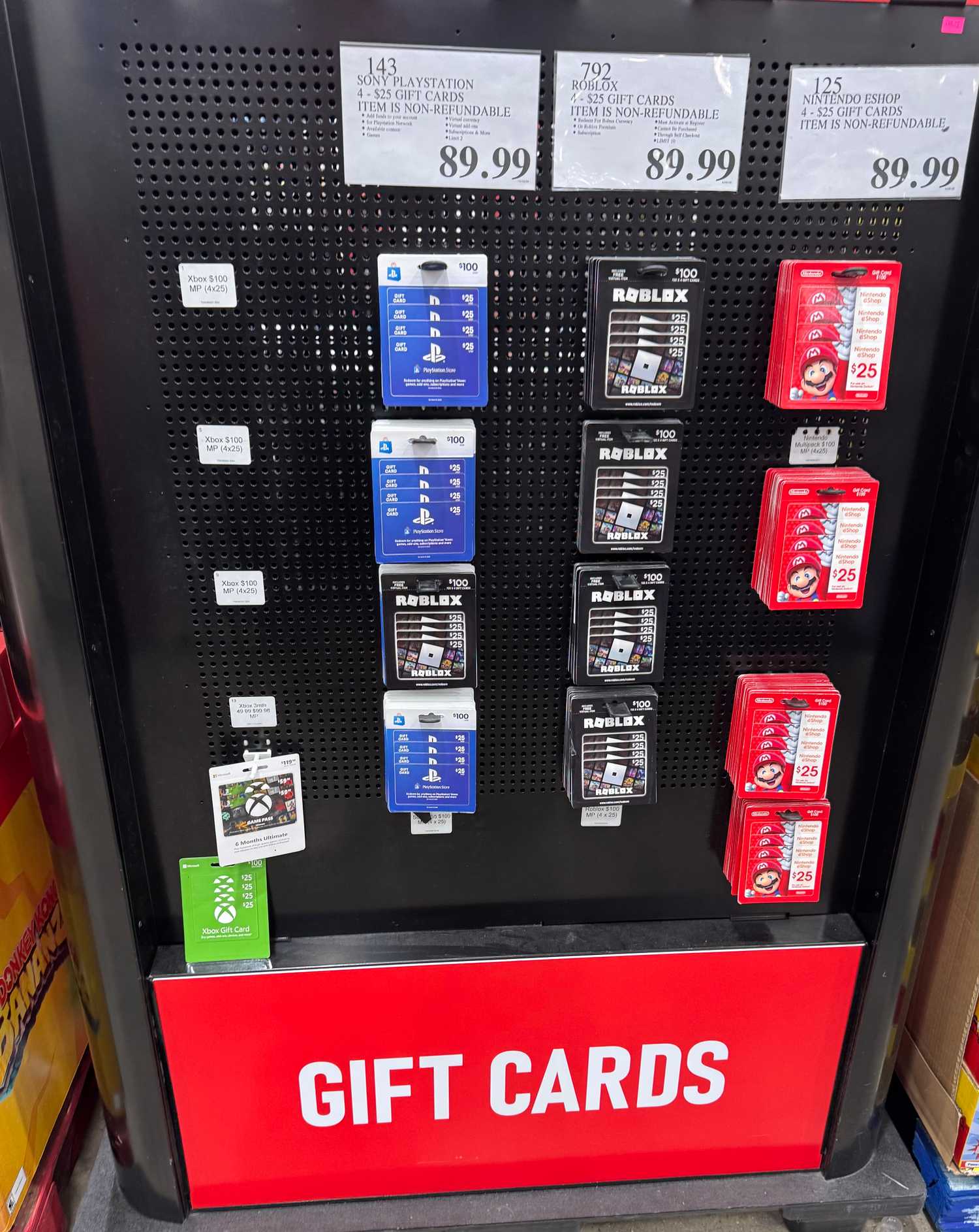 Costco gift card rack with no Xbox Game Pass cards left
