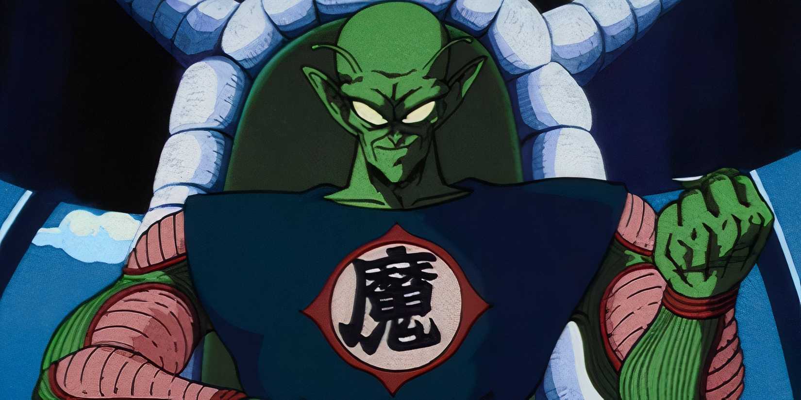 King Piccolo is sitting on his throne, smiling with his tight fist in Dragon Ball.