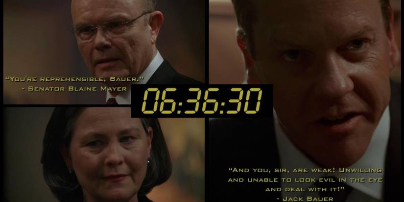 A shared screen showing Jack Bauer with Senator Mayer and President Taylor