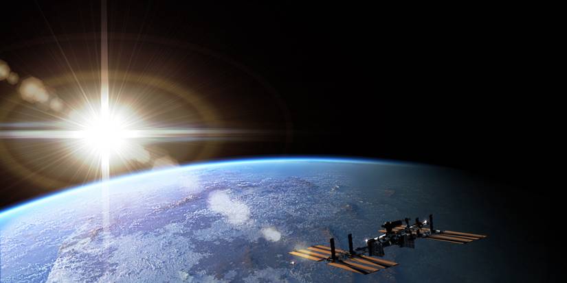 Bagian Bumi seperti yang terlihat di Gravity, dengan stasiun luar angkasa di latar depan