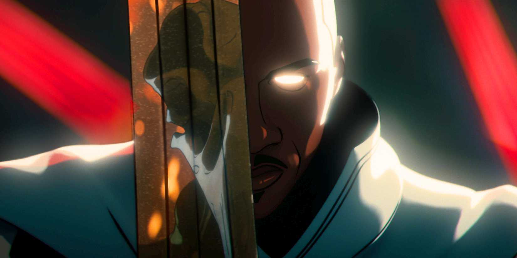 Moon Knight Blade Holding his sword over half his face from Marvel Zombies animated series