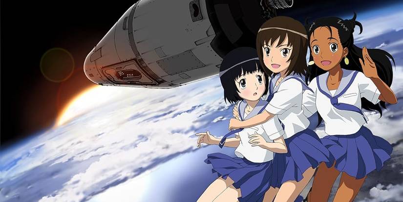 Akane, Yukari, and Matsuri together in front of a spaceship flying over the Earth in Rocket Girls