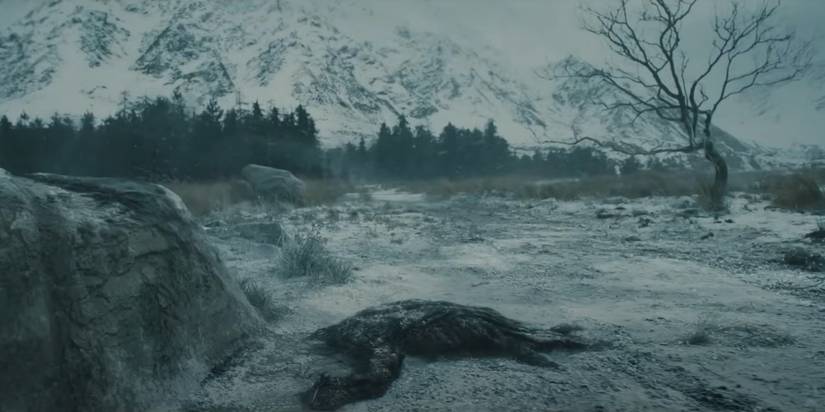 Sauron in his slime from lying in the snow from The Lord of the Rings: The Rings of Power