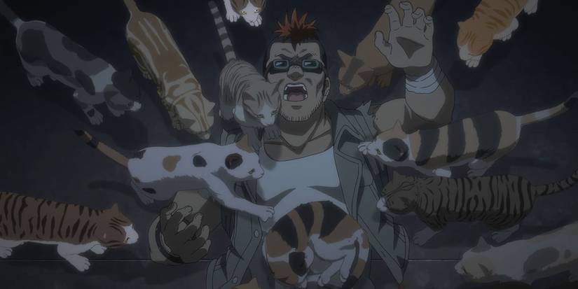 Tanishi lies on back screaming as cats surround him in Nyaight of the Living Cat Episode 1