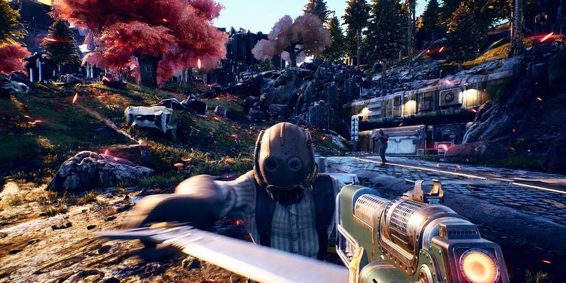 Invisible character pointing a gun at a guy with a sword in The Outer Worlds
