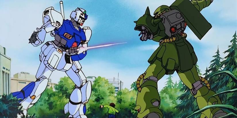 Dua Gundam sedang bertarung.