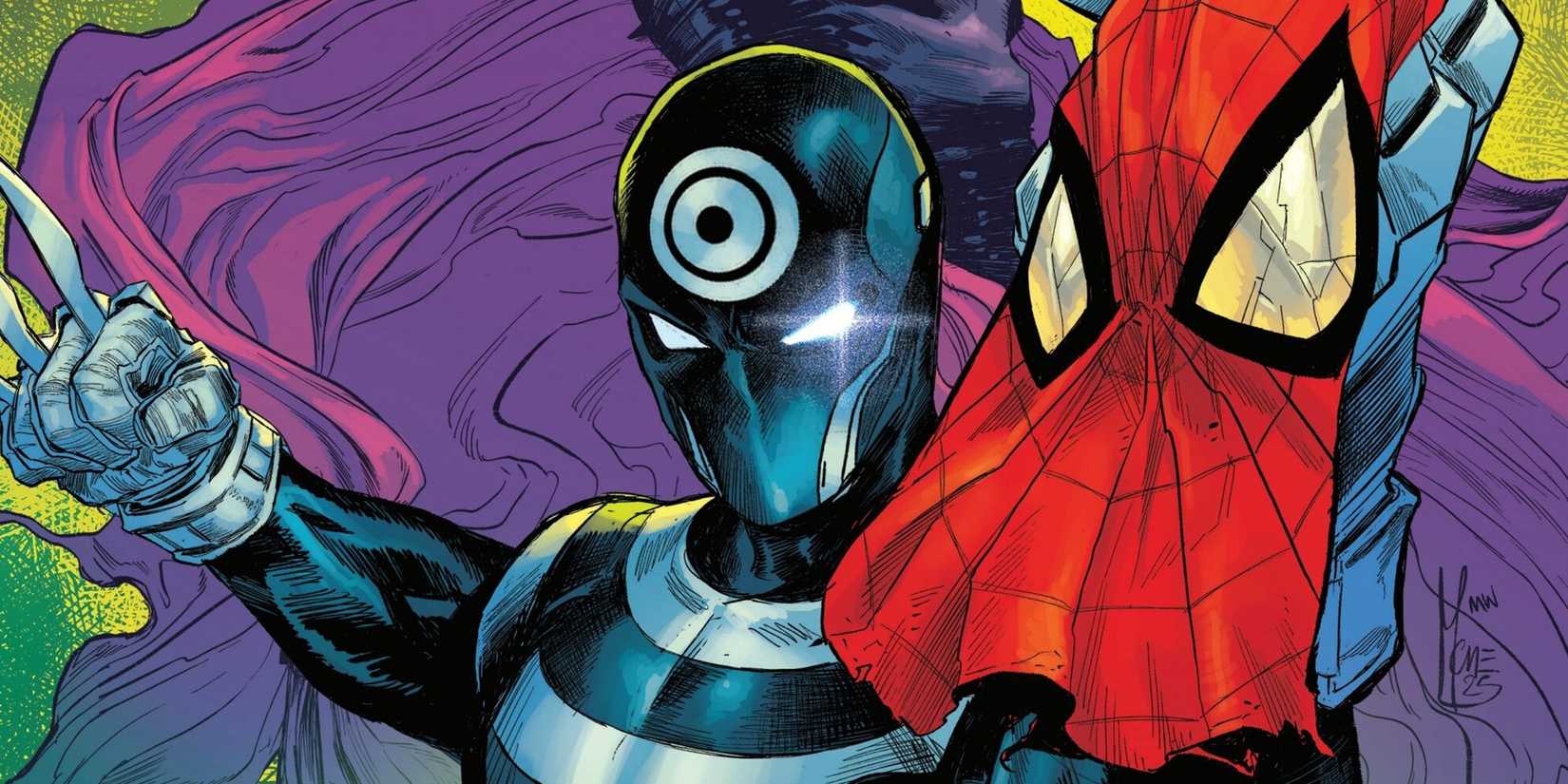 Bullseye holds Spider-Man's mask