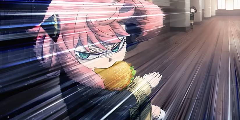 Spy x Family Season 3 anime's Anya Forger at school with hamburger in her mouth