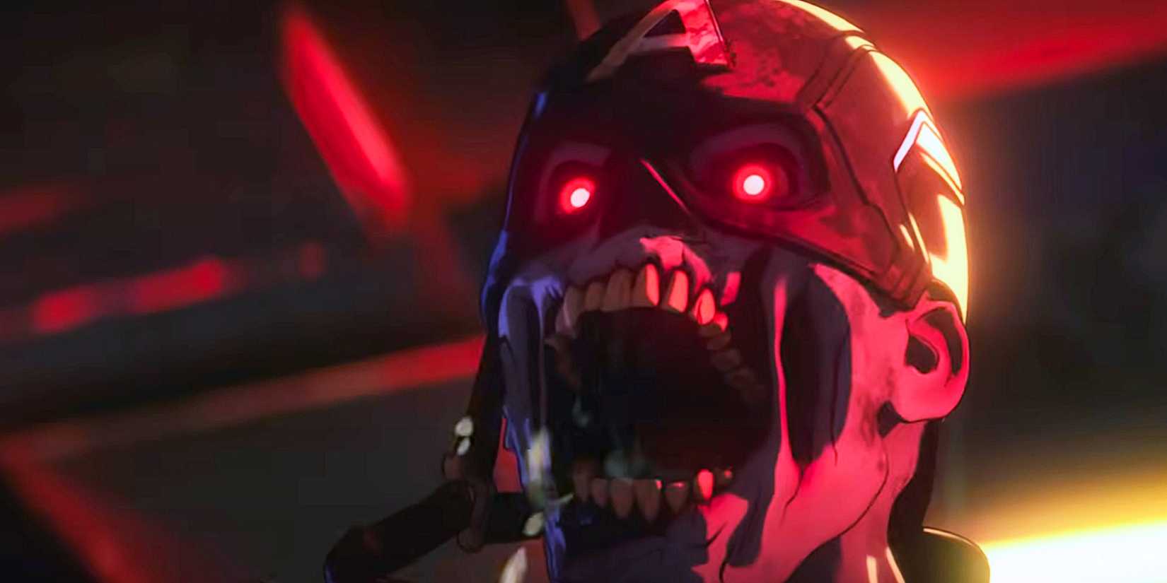 Zombie Captain America screeching bathed in red light from Marvel Zombies animated series