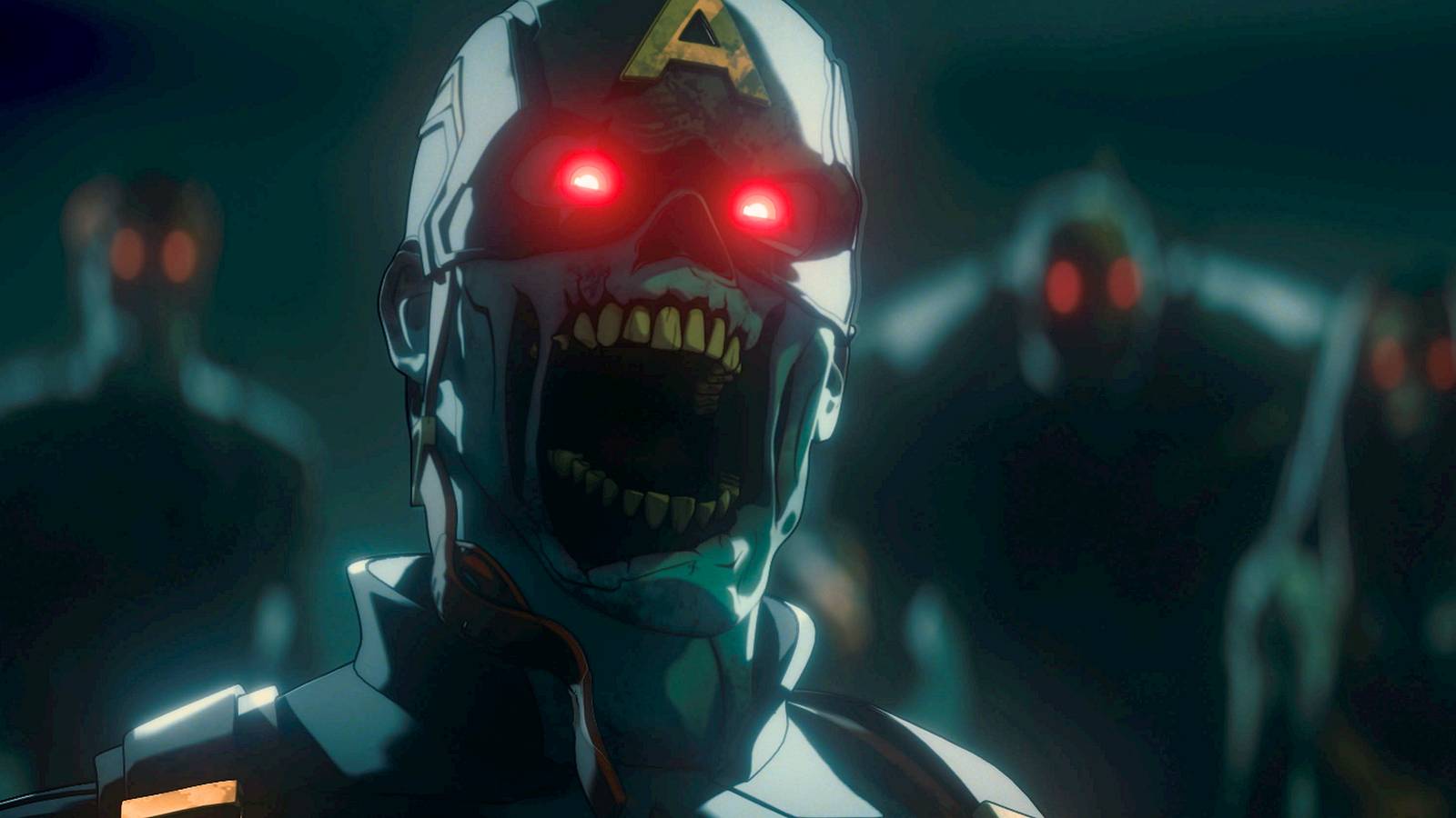 Zombie Captain America with red eyes from Marvel Zombies animated series