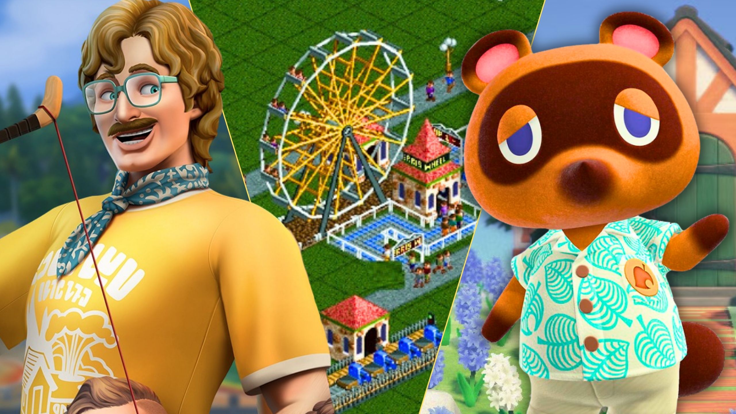 A split image featuring Animal Crossing, The Sims 4, and Rollercoaster Tycoon