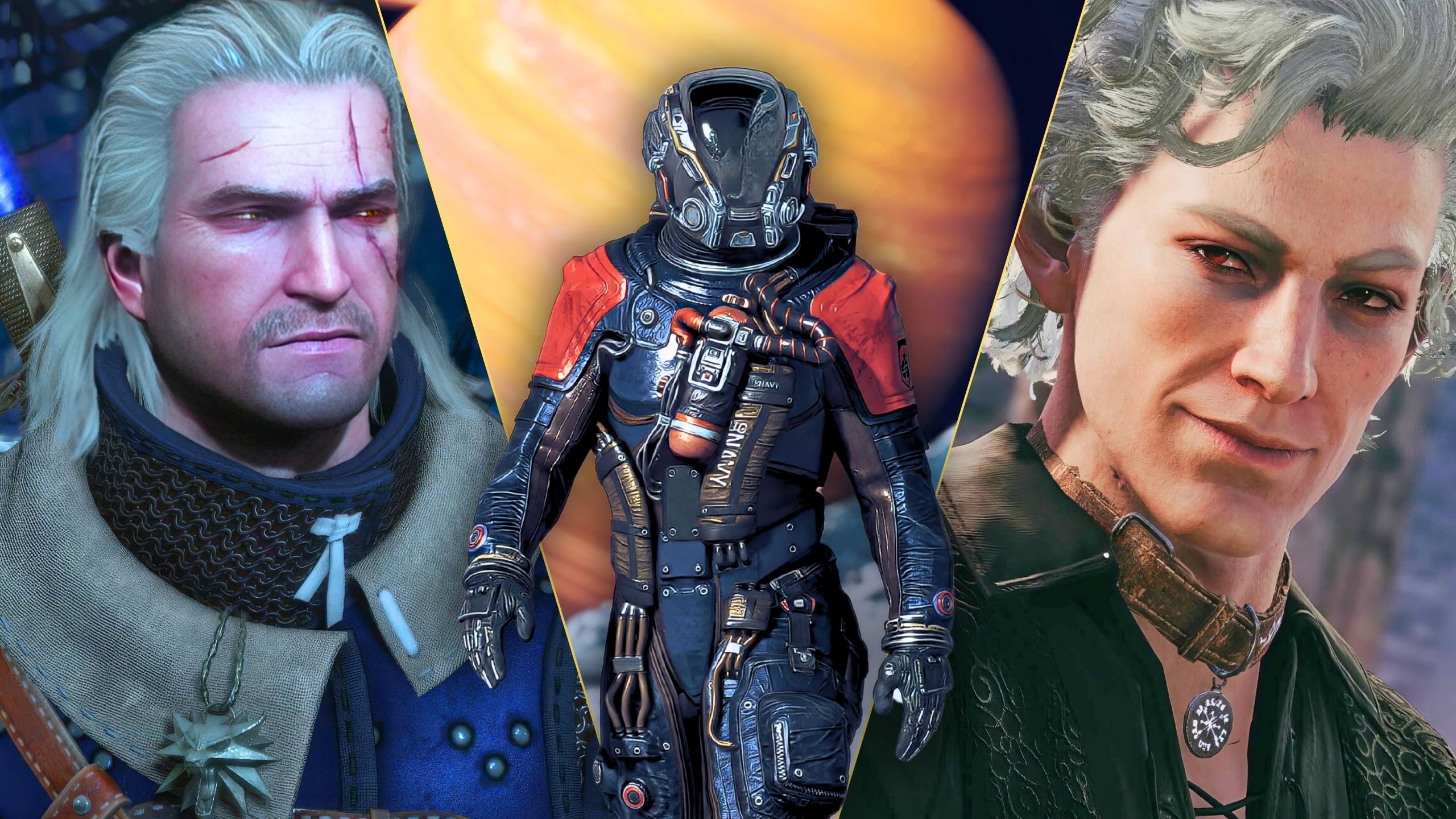 A split image featuring A split image featuring Geralt from The Witcher 3, Astarion from Baldur's Gate 3, and Starfield