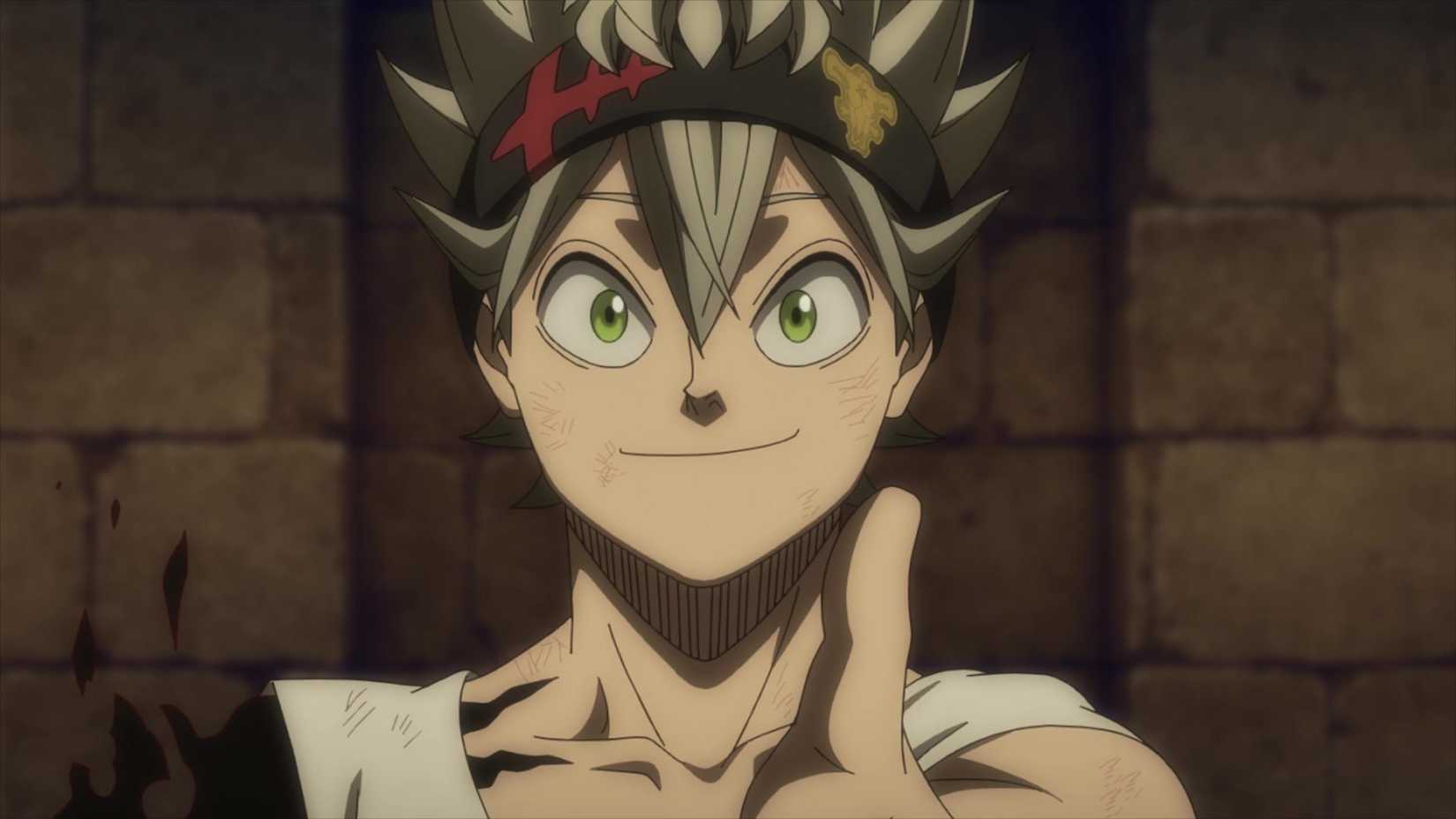 Asta from the Black Clover anime is smiling while extending his arm in a friendly gesture.