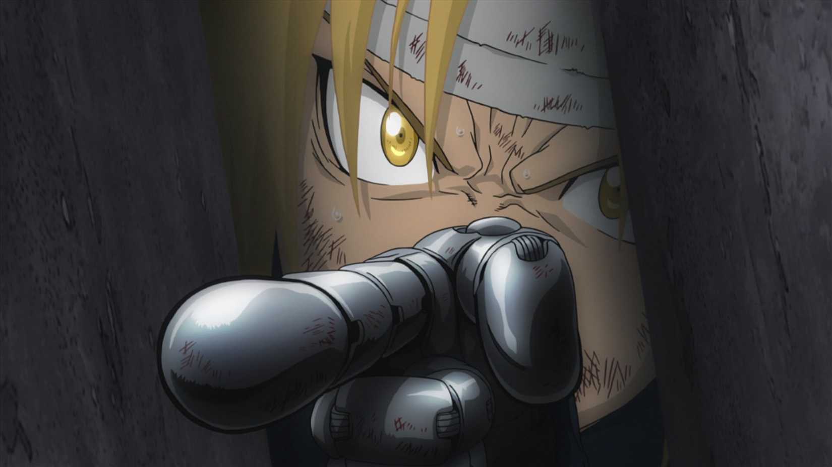 A dramatic scene from Fullmetal Alchemist: Brotherhood, where Edward vows to bring his little brother back from The Gate.