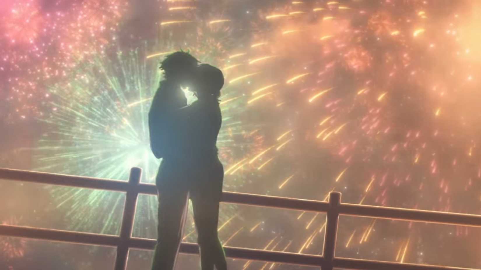 Denji and Reze kiss under fireworks in Chainsaw Man - The Movie: Reze Arc