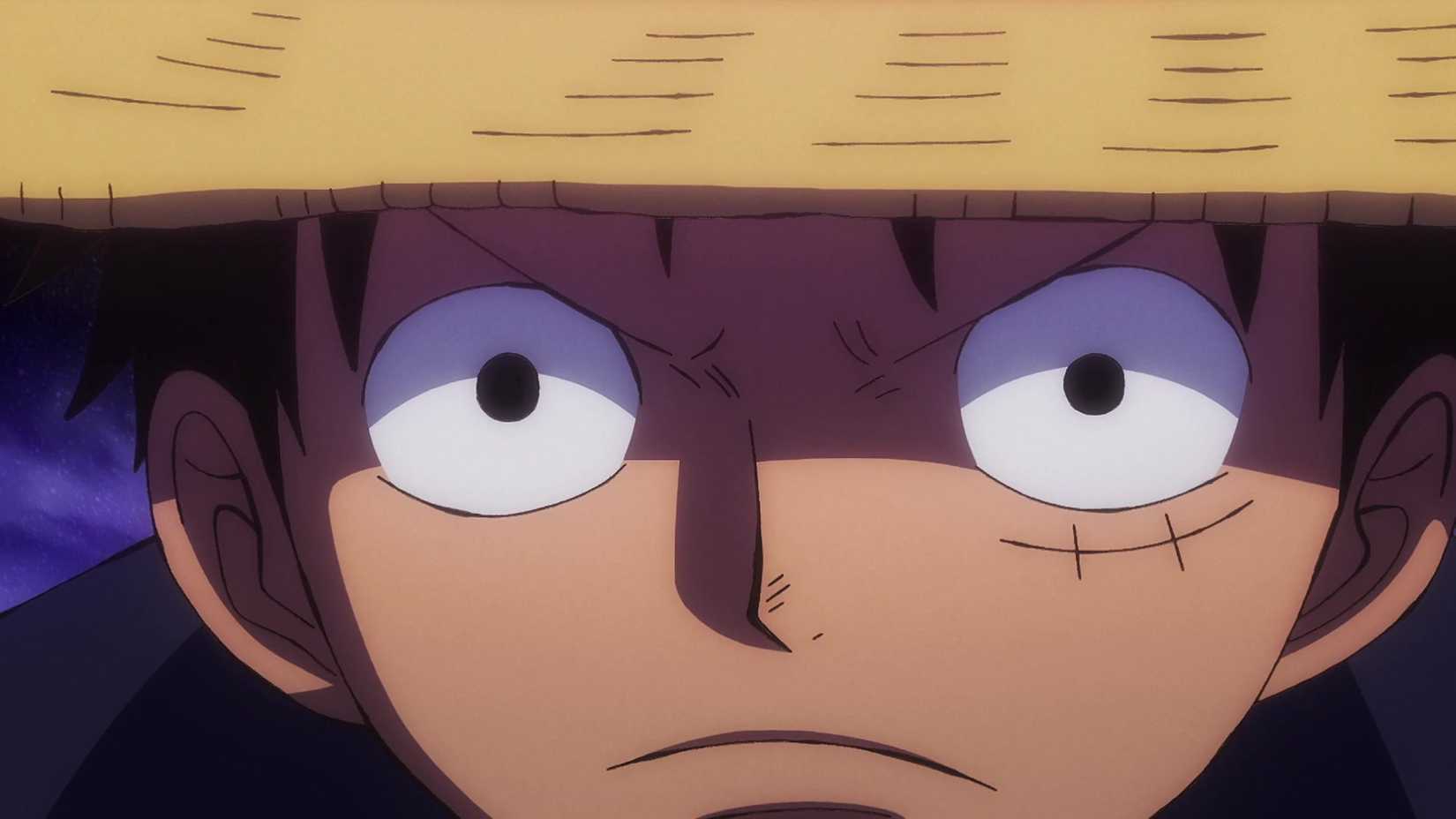 Un gros plan dramatique de Monkey D. Luffy avec une expression sérieuse dans l'épisode 1066 de One Piece Anime.