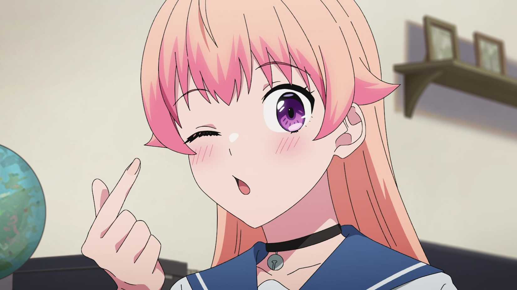 Cô nàng xinh đẹp Nico Wakatsuki trong anime Witch Watch đang tạo hình trái tim bằng các ngón tay của mình.