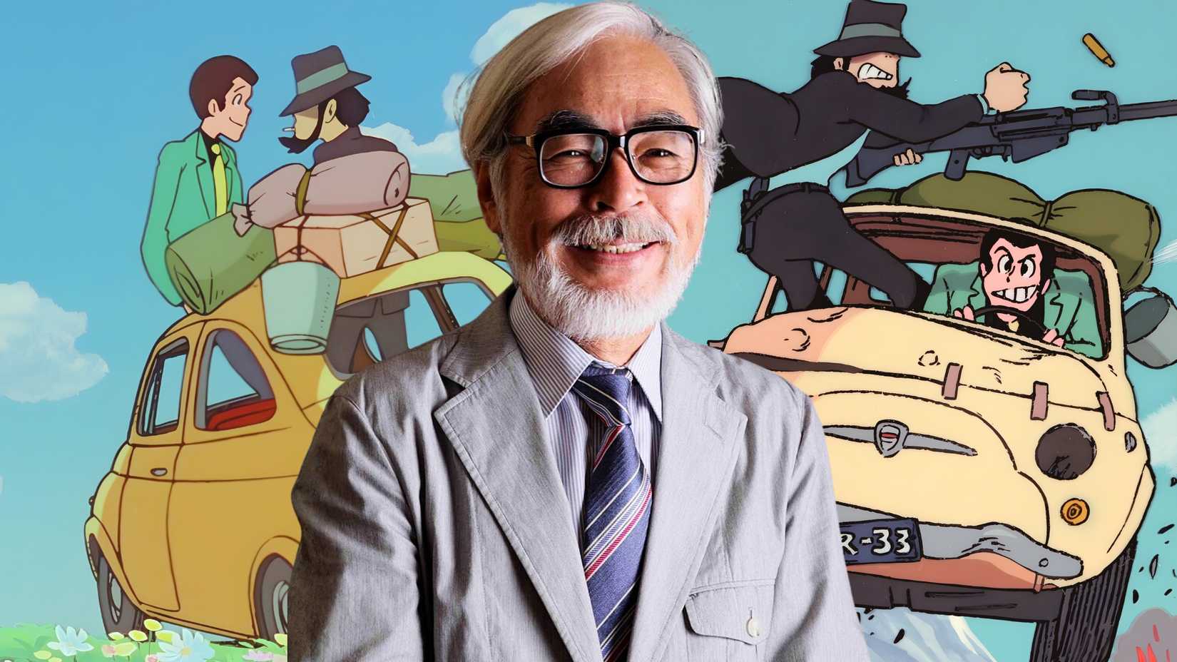 A collage featuring Hayao Miyazaki in the foreground and the animated film Lupine III: The Castle of Cagliostro filling the background.