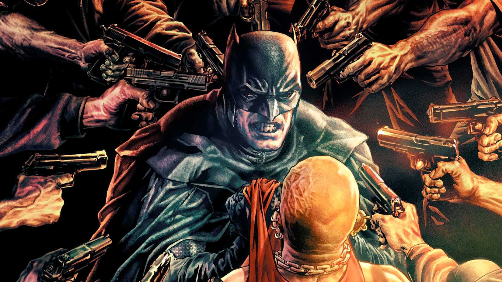 Batman surrounded by enemies pointing guns at him in Batman Damned