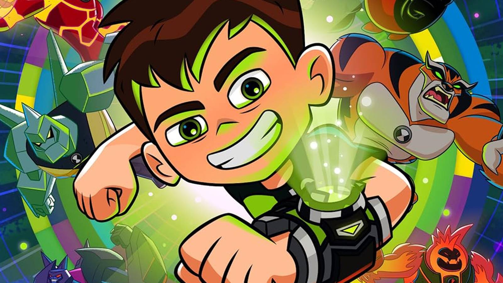 Ben 10 with his alien forms in the background