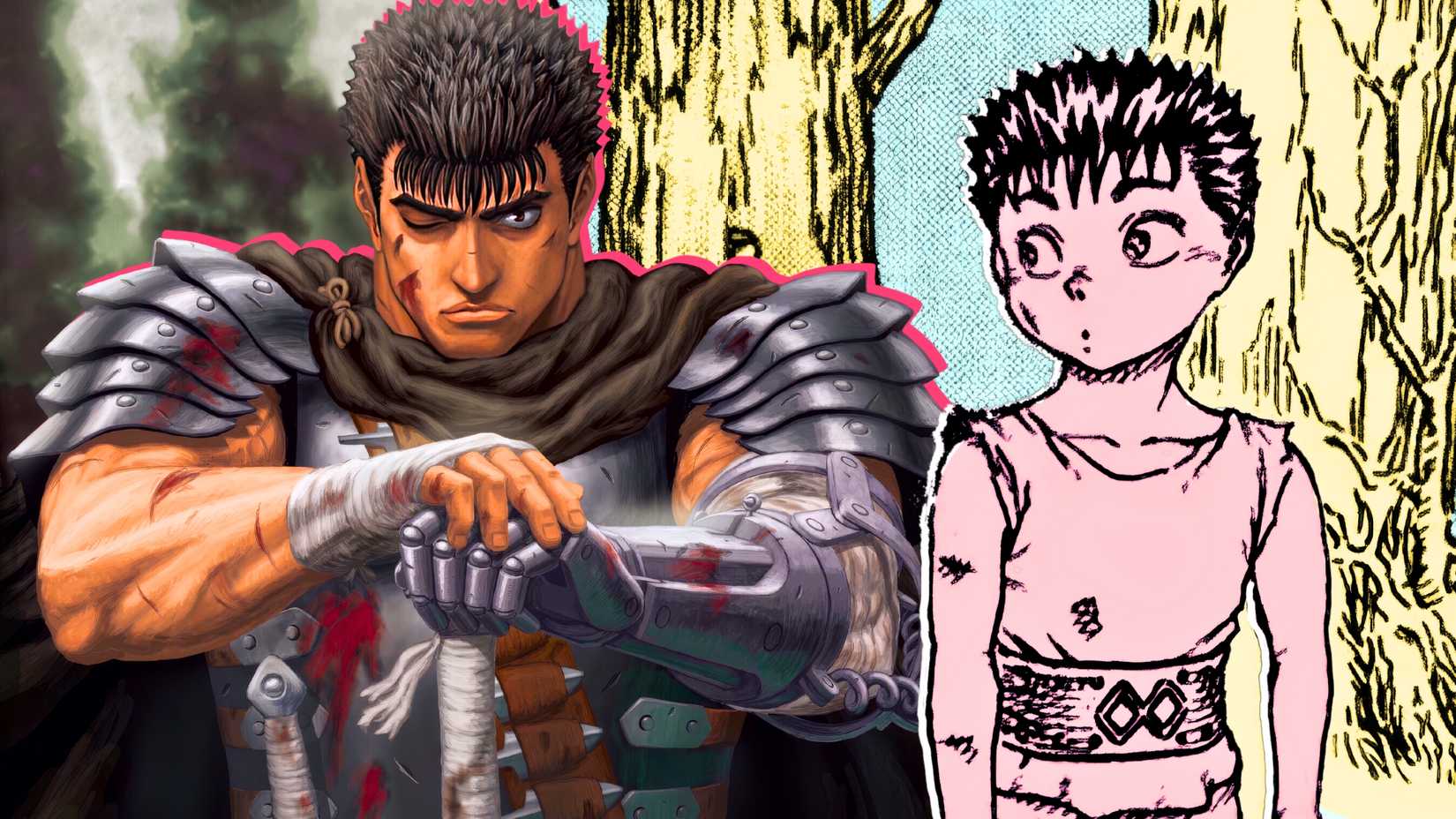 تصویری از گاتس در کودکی و بزرگسالی در مانگای Berserk
