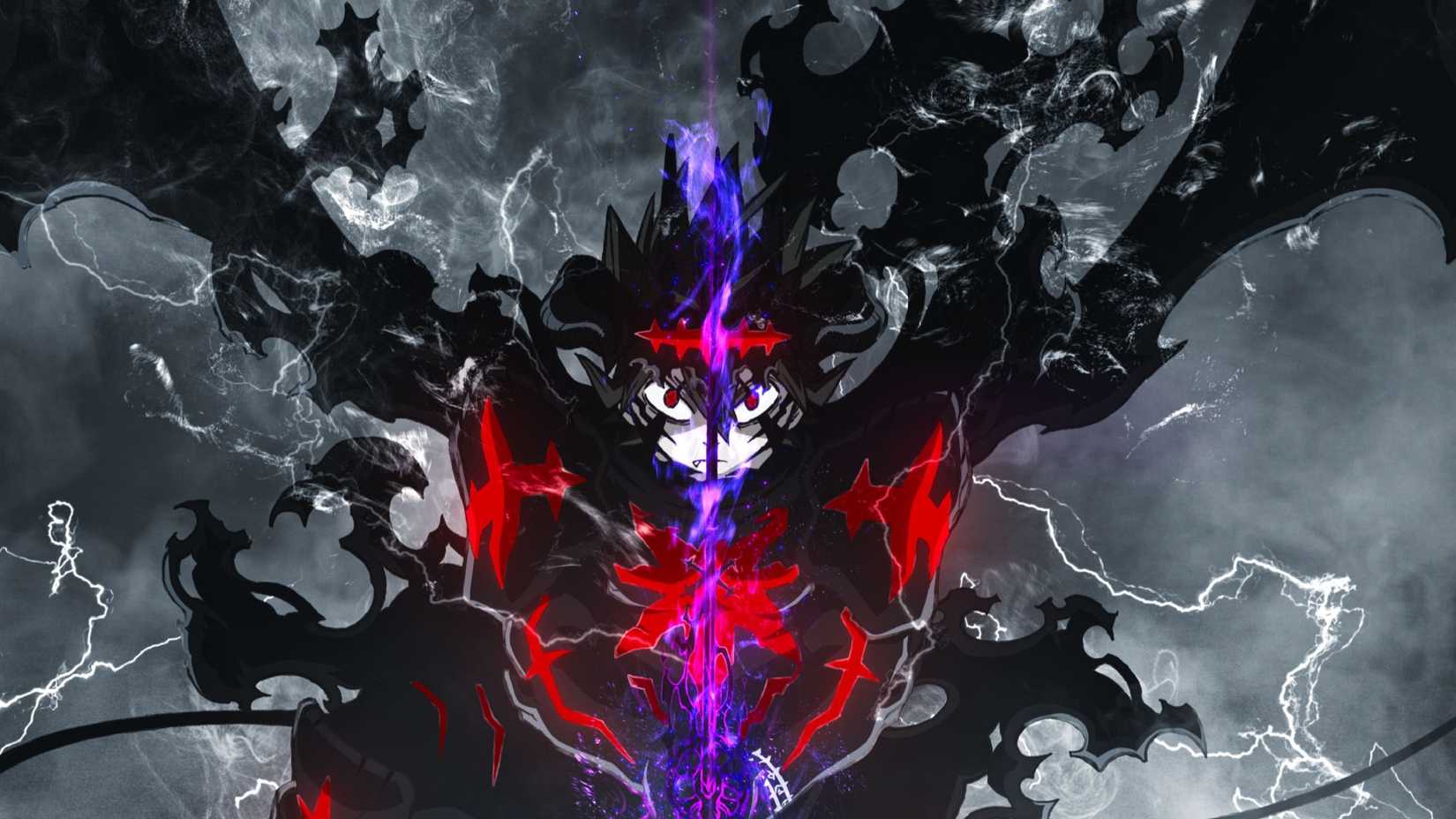 Des flammes sombres engloutissent Asta de la série animée Black Clover, alors qu'il apparaît sous sa forme Black Asta. 