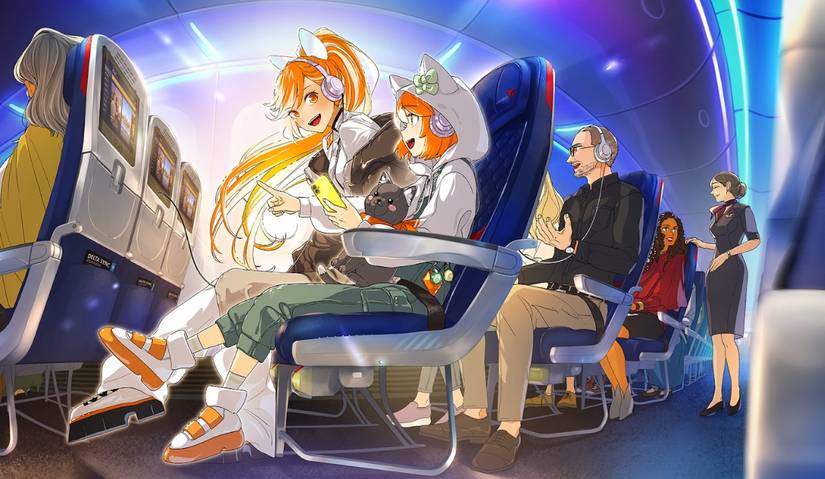 Crunchyroll anime's official mascot, Hime, sits next to an excited flyer on a plane