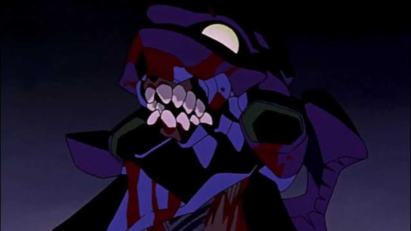 The Unit-01 EVA shows its teeth against Zeruel in Neon Genesis Evangelion.