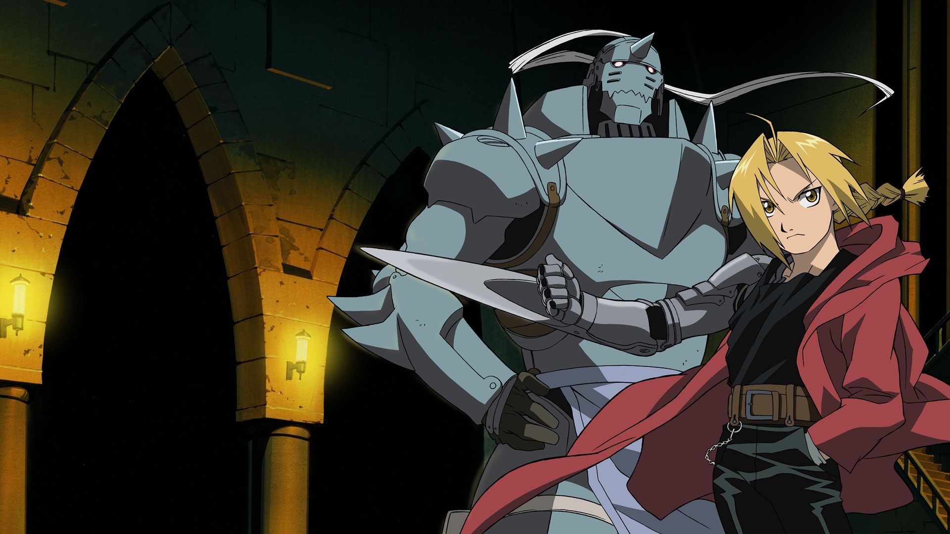 Edward Elric posing with a knife on his metal arm standing in front of Alphonse Elric in Fullmetal Alchemist: Brotherhood
