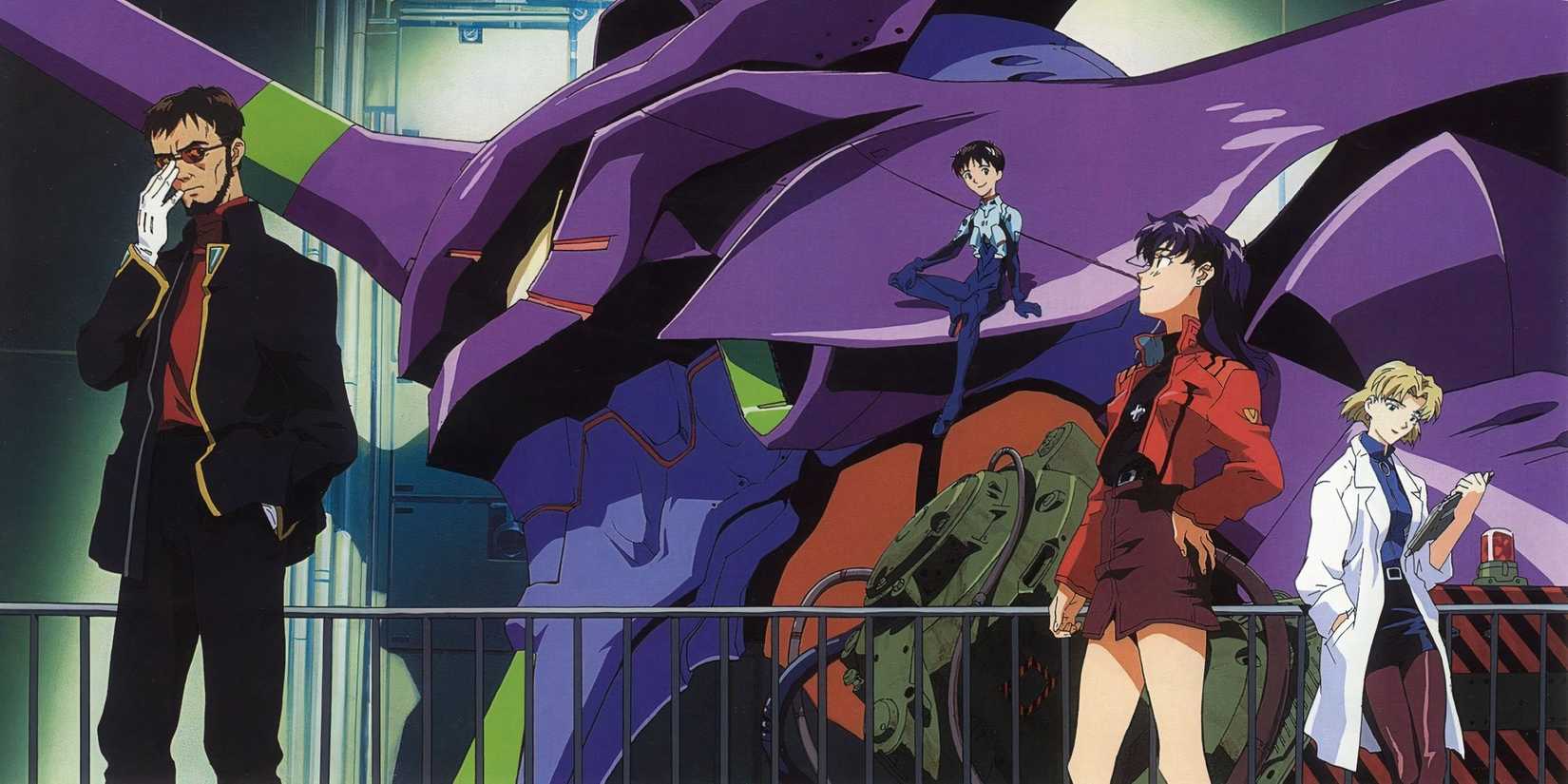 Gendo Ikari, Shinji Ikari, Misato Katsuragi et Ritsuko Akagi dans l'anime Neon Genesis Evangelion