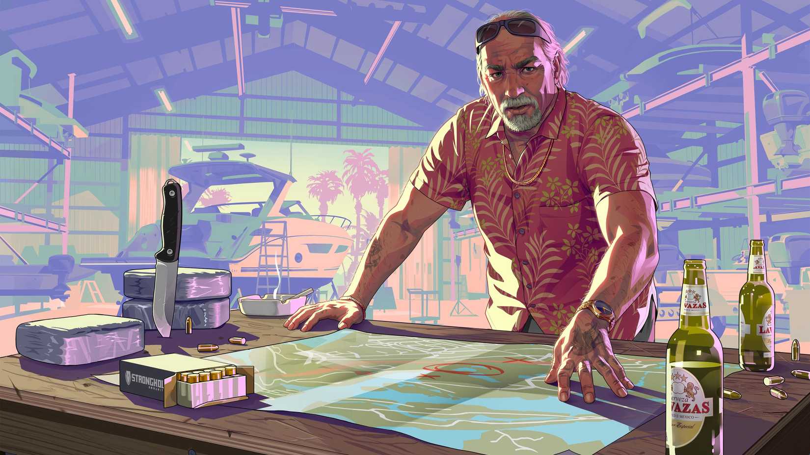 Gta 6 promo art with a bald man with a white beard looking at a map on a desk