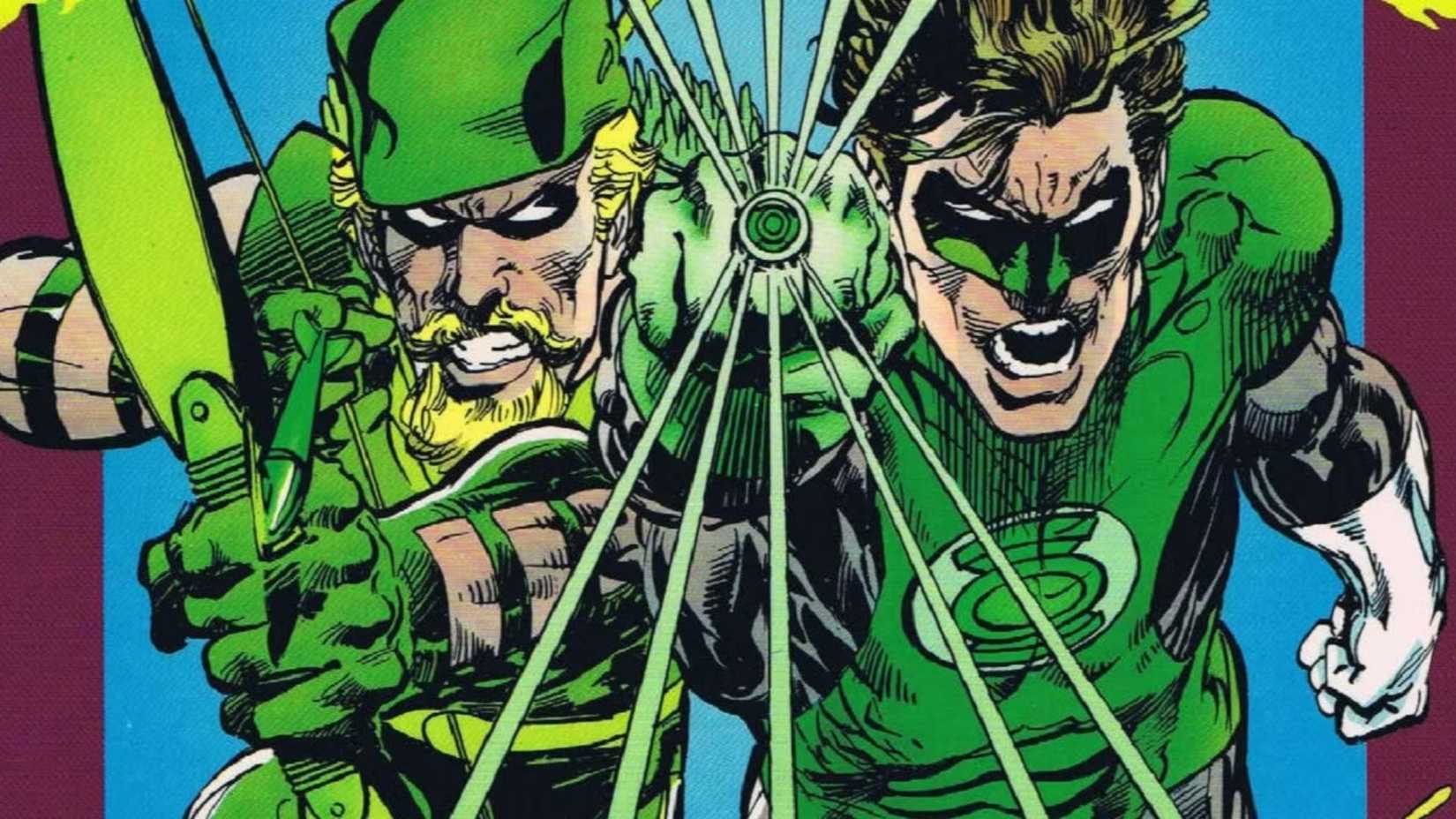 Green Lantern and Green Arrow charging into action.
