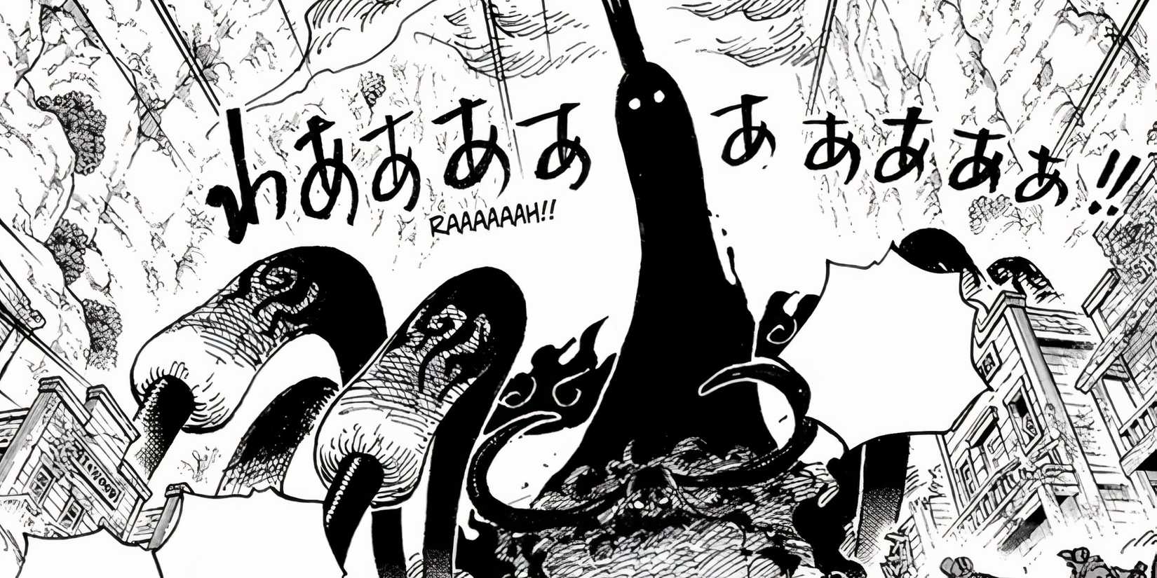 La forme combinée d'Imu et de Saturne plane sur les Marines de God Valley dans le chapitre 1163 de One Piece.