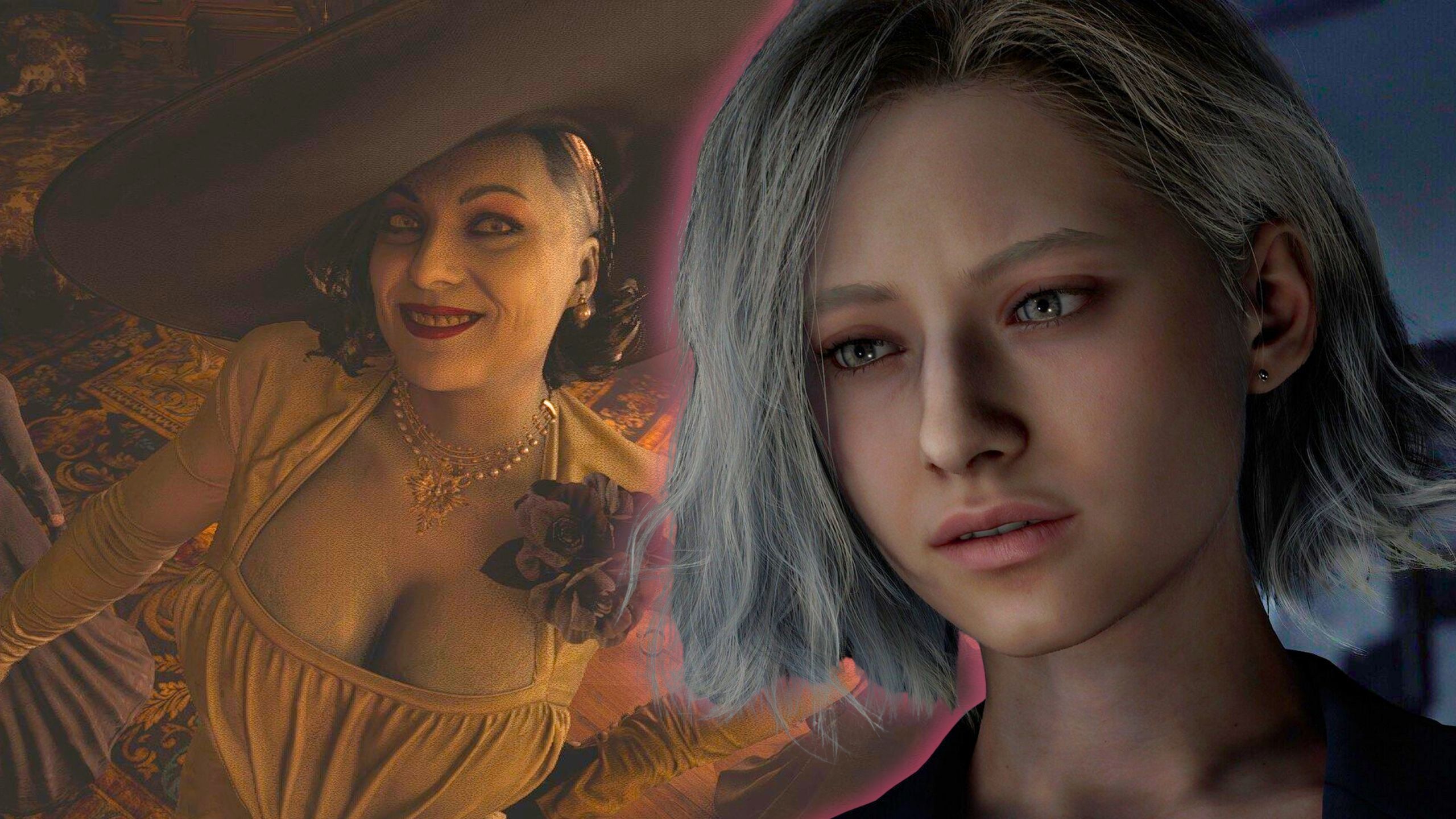A collage featuring Grace from Resident Evil Requiem and Lady Dimitrescu from Resident Evil Village