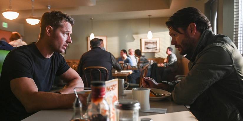 Justin Hartley as Colter and Jensen Ackles as Russell eating breakfast in Tracker 'Leverage'