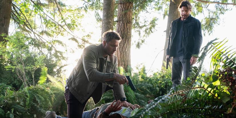 Justin Hartley as Colter and Jensen Ackles as Russell threatening Ockman in Tracker 'The Process'-1