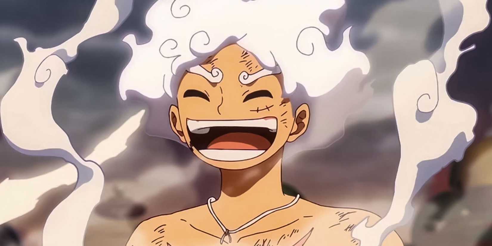 One Piece tanpa baju Gear 5 Monkey D. Luffy tertawa dengan mata tertutup