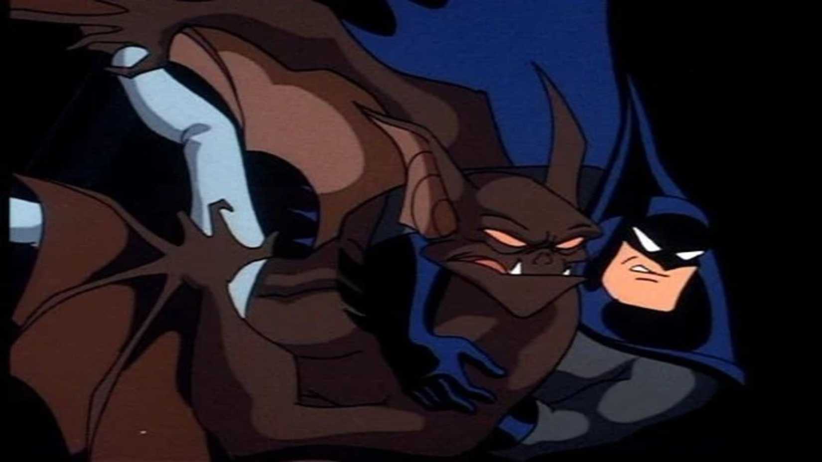 Batman voando com Man-Bat em batalha em Batman: The Animated Series.